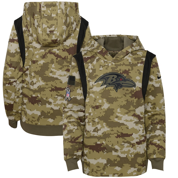 Youth Camo Baltimore Ravens 2021 Salute To Service Therma Performance Pullover Hoodie